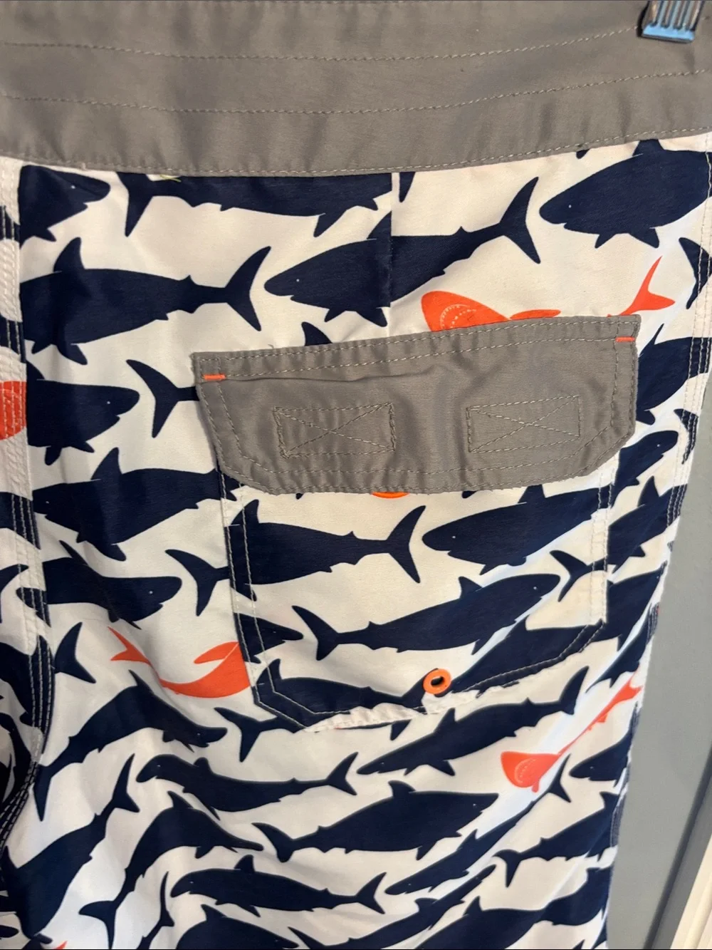 Sperry Men's Shark-Print Swim Trunks - Navy & Orange, size 34